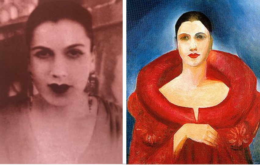 Foto de Tarsila do Amaral e seu Autorretrato (manteau rouge).