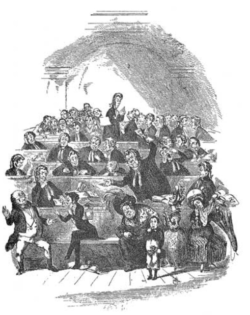 Ilustração do Julgamento, passagem de As Aventuras do senhor Pickwick de Charles Dickens