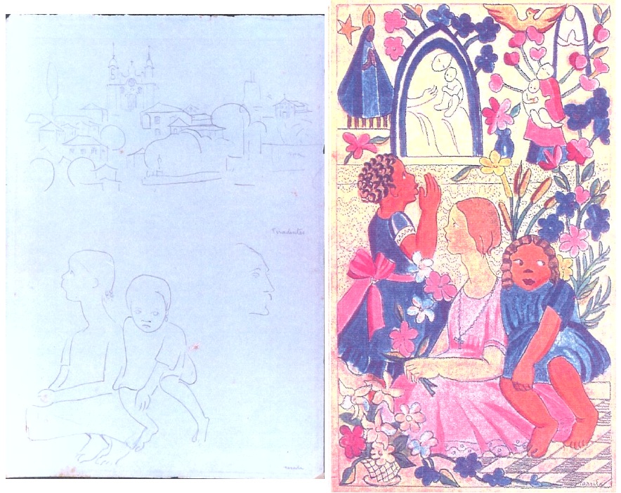 Desenho Tiradentes e aquarela Nossa Senhora de Tarsila do Amaral