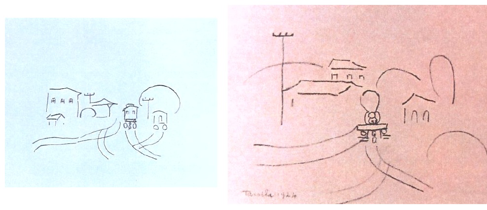 Desenhos de trens e estradas de ferro feitos por Tarsila do Amaral.